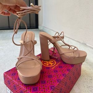Top Moda Nude Pink Lace Up Platform Heels - Size 5